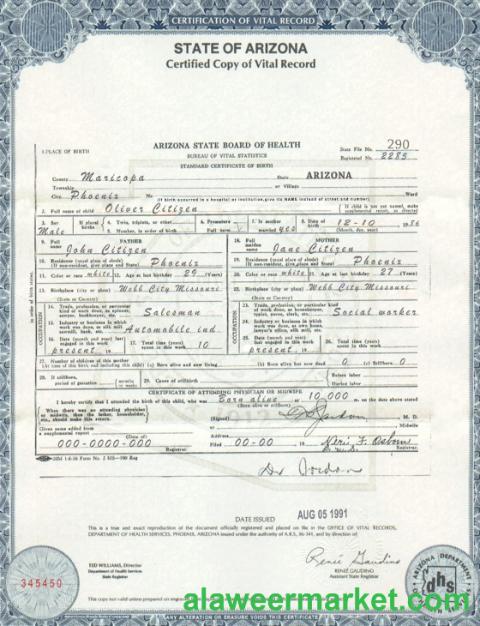 USA Arizona state birth certificate template in PSD format